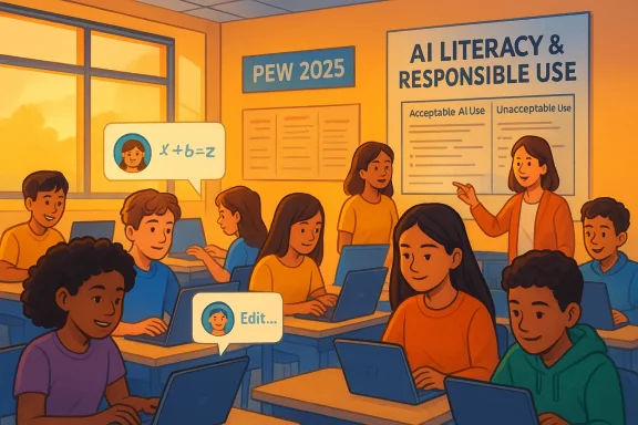 Students in a sunny classroom work on laptops, learning AI literacy with a teacher guiding.