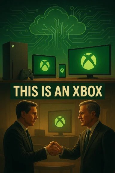 Two suited men shake hands beneath a banner reading THIS IS AN XBOX with Xbox displays.