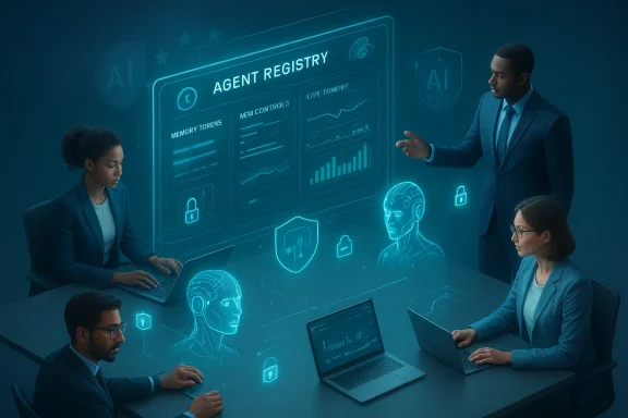 A team analyzes a glowing holographic AI dashboard labeled “Agent Registry.”