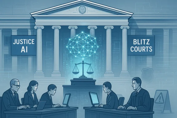 A futuristic courthouse where AI assists justice, with a glowing neural network above the scales.