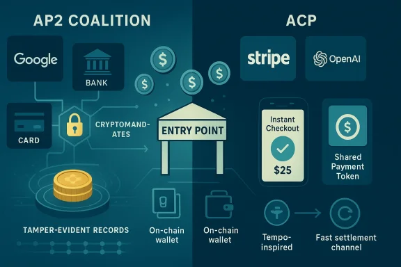 Infographic contrasting AP2 Coalition and ACP with entry point, wallets, and instant payments.