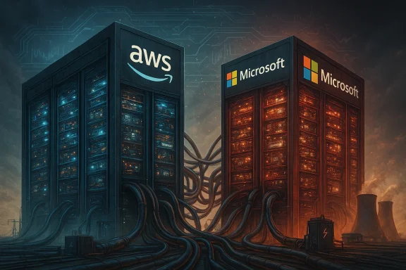 Two massive data centers labeled AWS and Microsoft, connected by tangled cables in a moody sci‑fi setting.