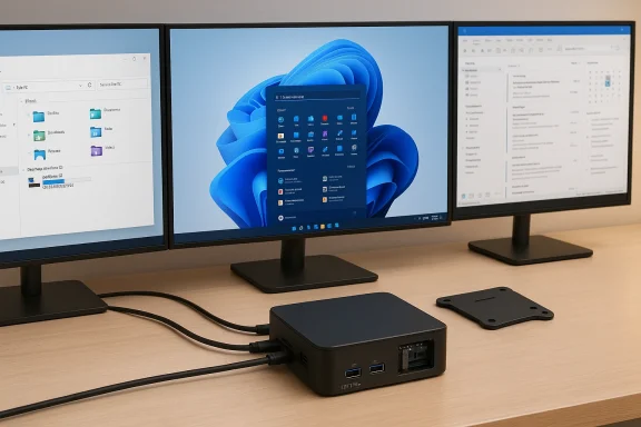 Triple-monitor workstation with a compact mini PC displaying Windows 11.