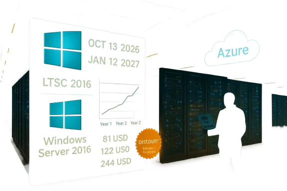 Neon-lit data center wall with Windows and Azure branding beside illuminated server racks and a silhouette.