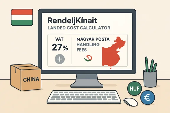 China box on a desk as a monitor displays Hungary's landed-cost calculator with 27% VAT.