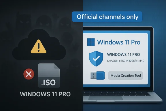 Split screen: pirated Windows 11 Pro ISO warnings on the left vs official Windows 11 Pro download on the right.
