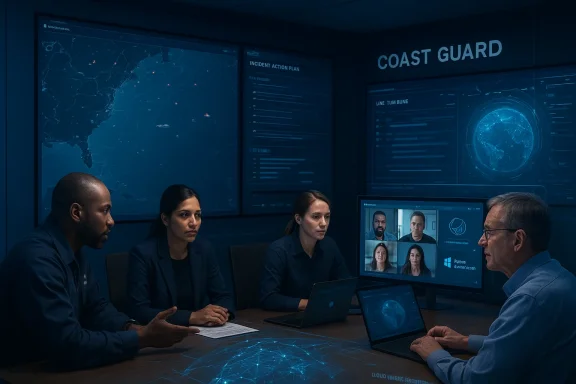 Coast Guard team in a high-tech command room analyzes maps and coordinates a video conference.