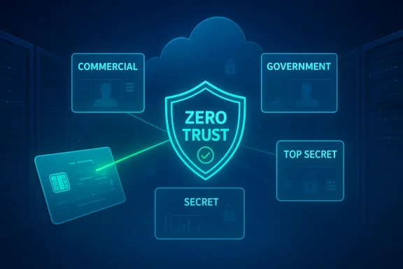 Zero Trust security shield centered among cloud and labeled categories: Commercial, Government, Secret, Top Secret. Zero Trust security shield centered among cloud and labeled categories: Commercial, Government, Secret, Top Secret.