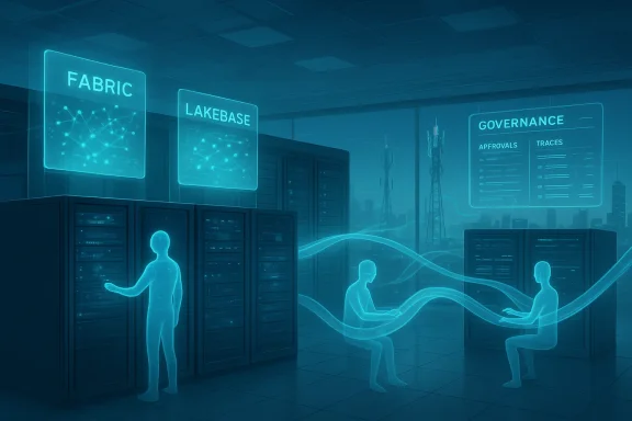 Futuristic data center with holographic interfaces labeled Fabric, Lakebase, and Governance.