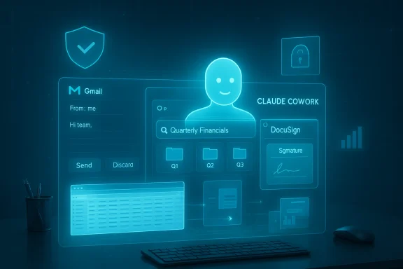 Blue holographic dashboard hovering over a desk, displaying Gmail, DocuSign, and quarterly files.