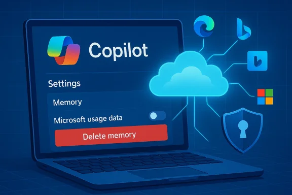 Laptop screen shows Copilot settings with a prominent Delete memory button beside cloud and security icons.