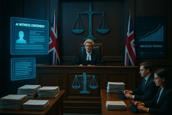A judge sits in a British courtroom with holographic AI witness panels and scales of justice.