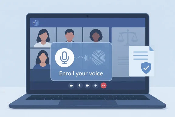 Video conference on a laptop showing a “Enroll your voice” voice biometrics prompt.