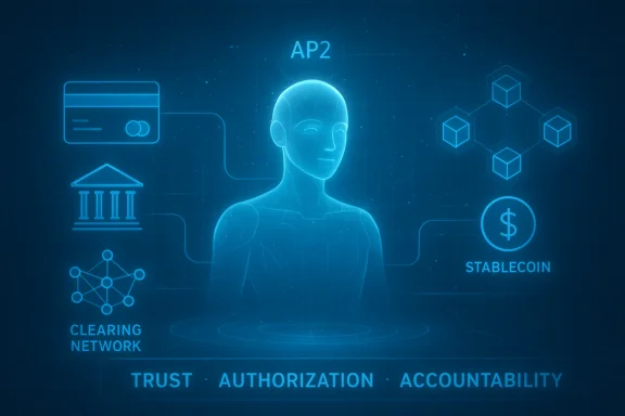 Blue holographic figure linked to finance icons (card, bank, network, stablecoin) signaling trust and accountability.