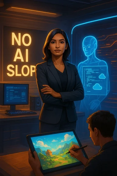 A blazer-clad woman stands in a high-tech lab as a man sketches on a tablet beside a blue AI hologram. A blazer-clad woman stands in a high-tech lab as a man sketches on a tablet beside a blue AI hologram.