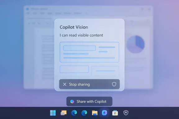 Copilot Vision sharing prompt overlays a blurred document on a laptop screen.