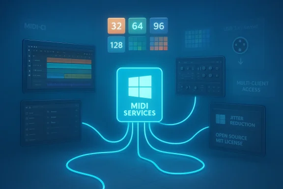 A neon-blue MIDI SERVICES hub with cables branching to panels and color swatches. A neon-blue MIDI SERVICES hub with cables branching to panels and color swatches.