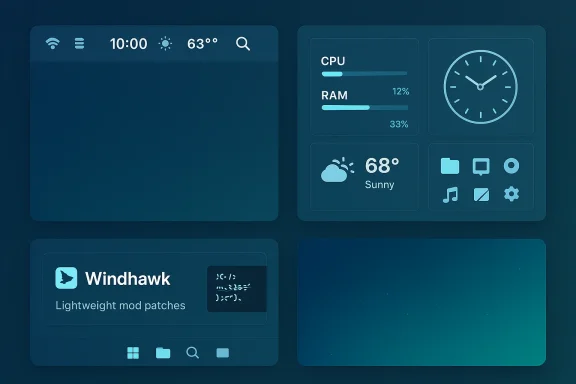 A blue, futuristic desktop dashboard with system monitors, a clock, weather, and app widgets.
