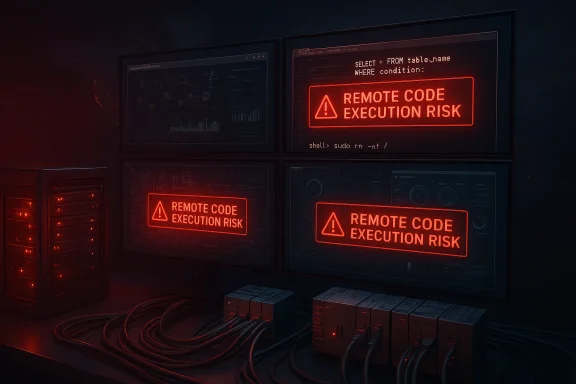 A dark data center with glowing red warning screens: Remote Code Execution Risk.