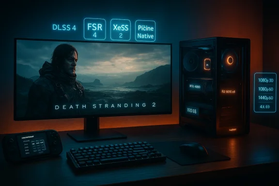 Neon-lit gaming desk showing Death Stranding 2 on a wide monitor with an RGB PC and glowing performance labels.