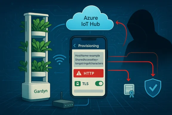 A hooded hacker targets Azure IoT Hub provisioning, risking exposed credentials.