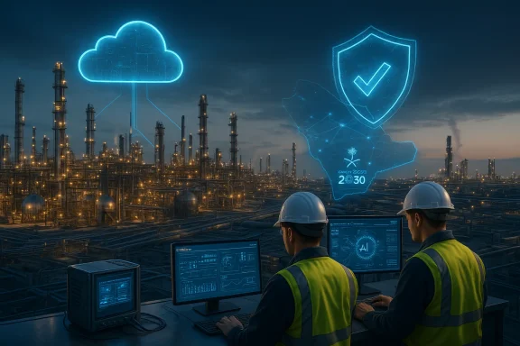 Two engineers in hard hats monitor an oil refinery with blue holographic cloud and security icons. Two engineers in hard hats monitor an oil refinery with blue holographic cloud and security icons.