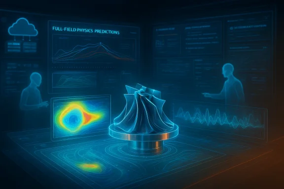 A futuristic blue holographic control room with a folded, flower-like sheet-metal sculpture on a pedestal.