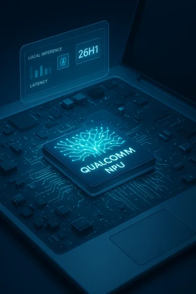 Qualcomm NPU on a circuit board with a blue holographic “Local Inference” display.