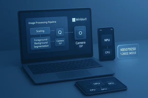 Laptop displays an image-processing pipeline with CPU/GPU/NPU blocks and a camera ISP.