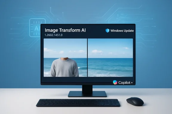 Windows Update screen displays Image Transform AI with a split image of a torso and the sea.