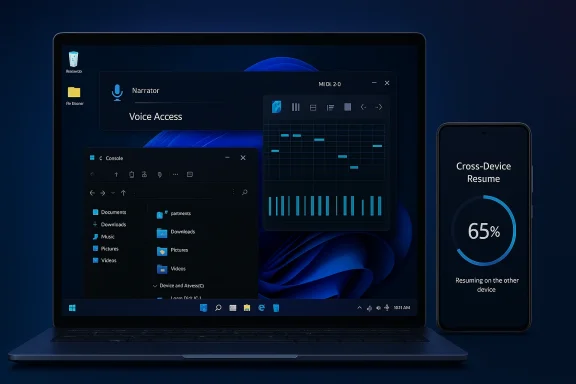 Cross-device resume progress shown on a laptop and a smartphone with accessibility UI elements.