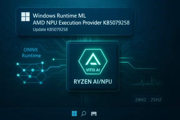 Windows Runtime ML with AMD NPU update (KB5079258) featuring Vitis AI and Ryzen AI/NPU.