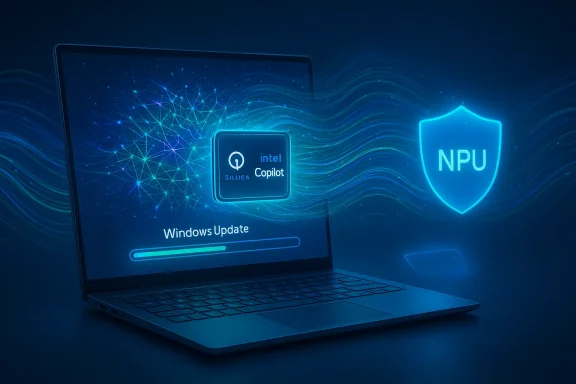 Futuristic laptop displays Windows Update with AI logos and a glowing NPU shield.