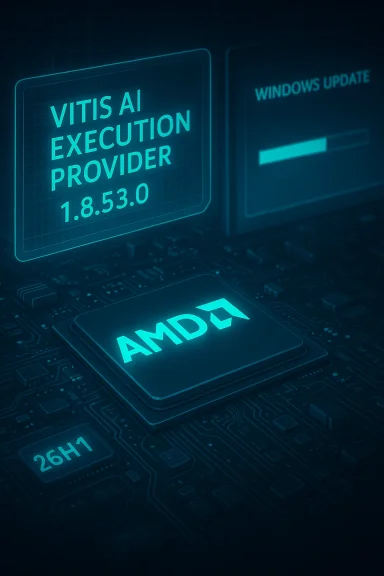 AMD processor on a circuit board, displaying Vitis AI Execution Provider 1.8.53.0 and a Windows Update progress bar. AMD processor on a circuit board, displaying Vitis AI Execution Provider 1.8.53.0 and a Windows Update progress bar.