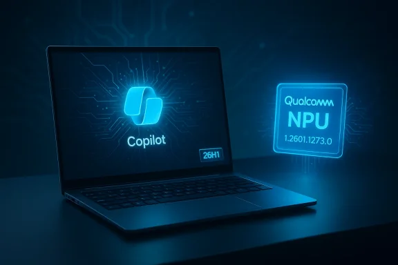 Laptop displays Copilot logo with a glowing Qualcomm NPU hologram nearby.