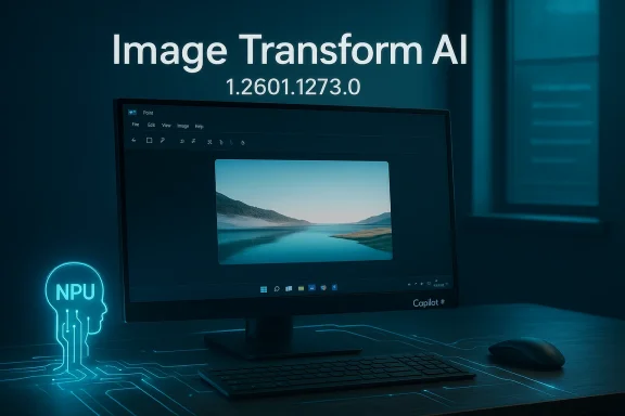 Monitor displays Image Transform AI software with a landscape image and a glowing NPU sign on a circuit-pattern desk.