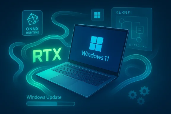 A Windows 11 laptop glows with RTX, Windows Update progress, and AI runtime icons.