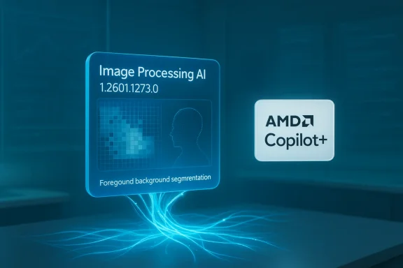 Blue holographic panel labeled 'Image Processing AI' with an AMD Copilot+ badge.