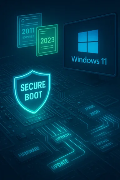 Windows 11 interface with a glowing Secure Boot shield and upgrade icons on circuitry. Windows 11 interface with a glowing Secure Boot shield and upgrade icons on circuitry.