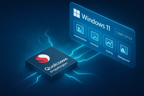 Qualcomm Snapdragon chip powers Windows 11 AI features like segmentation and denoise.