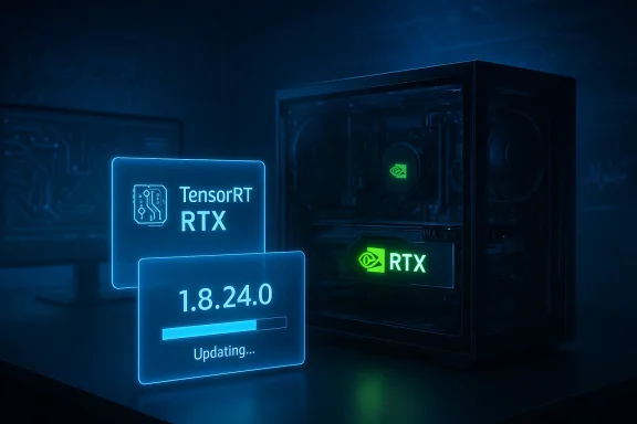 Futuristic PC with a glowing RTX card and a holographic update window showing TensorRT RTX 1.8.24.0.