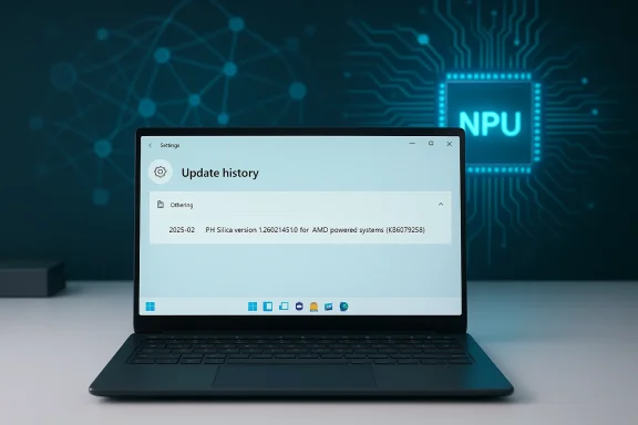 Laptop shows Update history screen against a blue tech background with an NPU chip.