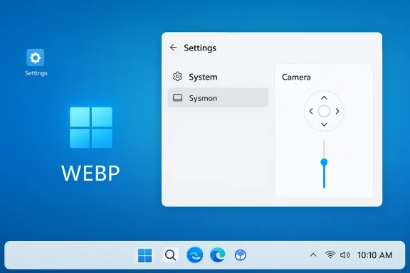 Blue desktop with a large WEBP logo and a floating Settings panel featuring System and Camera controls. Blue desktop with a large WEBP logo and a floating Settings panel featuring System and Camera controls.