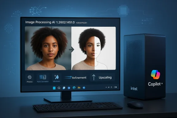 AI image processing UI showing a portrait refined and upscaled.