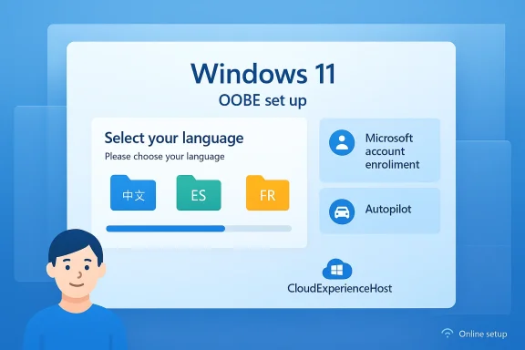 Windows 11 OOBE setup screen with language selection tiles and account options.