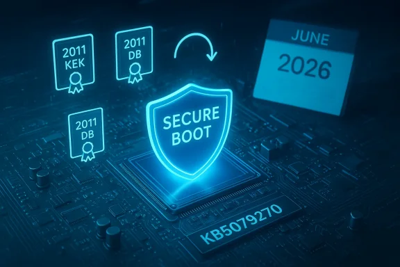 Glowing Secure Boot shield on a motherboard, with certificates and a June 2026 calendar.