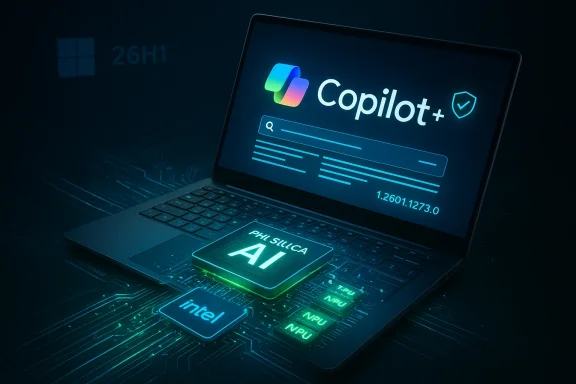 Laptop displays Copilot+ UI with a glowing AI chip and Intel NPU blocks on a circuit-board.