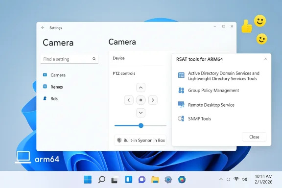 Windows 11 Settings: Camera controls with a pop-up RSAT ARM64 tools panel.