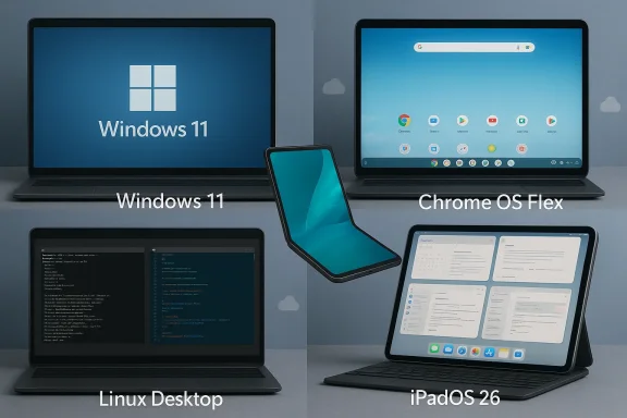 Four devices display Windows 11, Chrome OS Flex, Linux Desktop, and iPadOS 26.