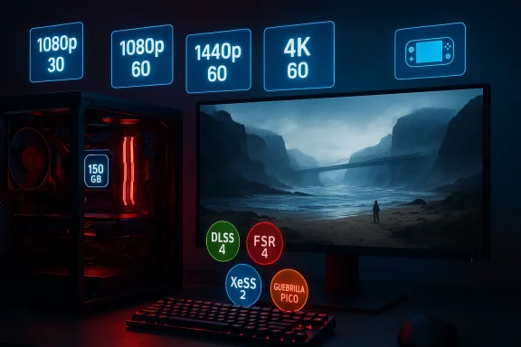 Neon-lit gaming setup: a red-lit PC, large monitor showing a misty canyon, and floating resolution icons.